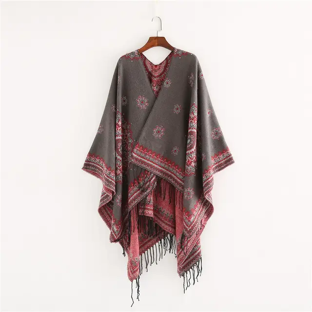 Geometric double sided printed tassel split cloak Grey - Shop at LoveMi