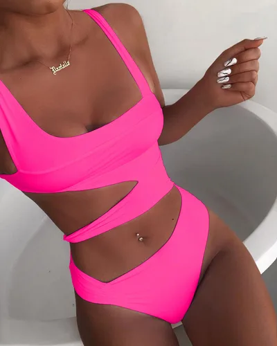 Solid color one piece swimsuit one piece bikini Rose Pink - Shop at LoveMi