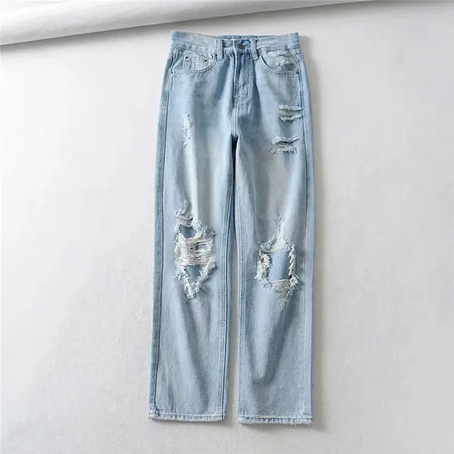 Light Blue denim Ripped Straight Leg Pants Women Light Blue - Shop at LoveMi