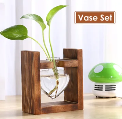 Glass Wood Vase Table Desktop Hydroponics Plant Stationery Bonsai Flower Pot Decoration Hanging Pots with Wooden Tray Pen Holder D1 - Shop at LoveMi