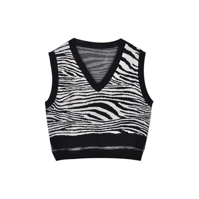 Zebra print V neck loose fitting sweater vest Black - Shop at LoveMi