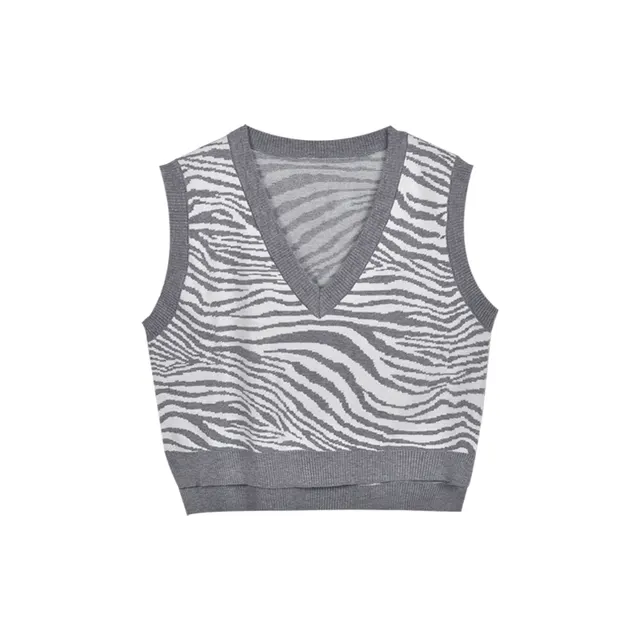 Zebra print V neck loose fitting sweater vest Grey - Shop at LoveMi