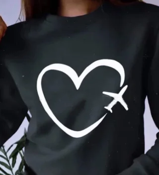 Autumn sweater heart-shaped airplane printed Sweatshirt women's top - Black