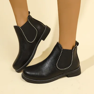 Women's Round Bead Thick Soled Martin Boots Black - Shop at LoveMi