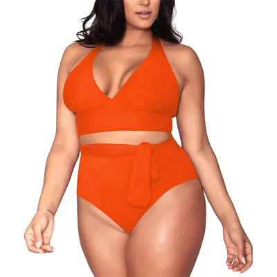 Split large size straps sexy bikini multi rope belt deep V high waist swimsuit women Orange - Shop at LoveMi