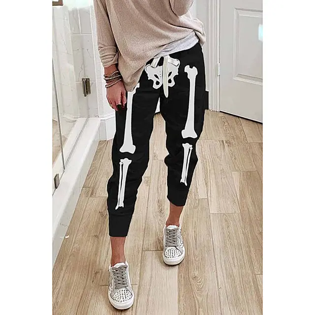 Loose Printed High Waist Lace Up Slacks Black Bone - Shop at LoveMi