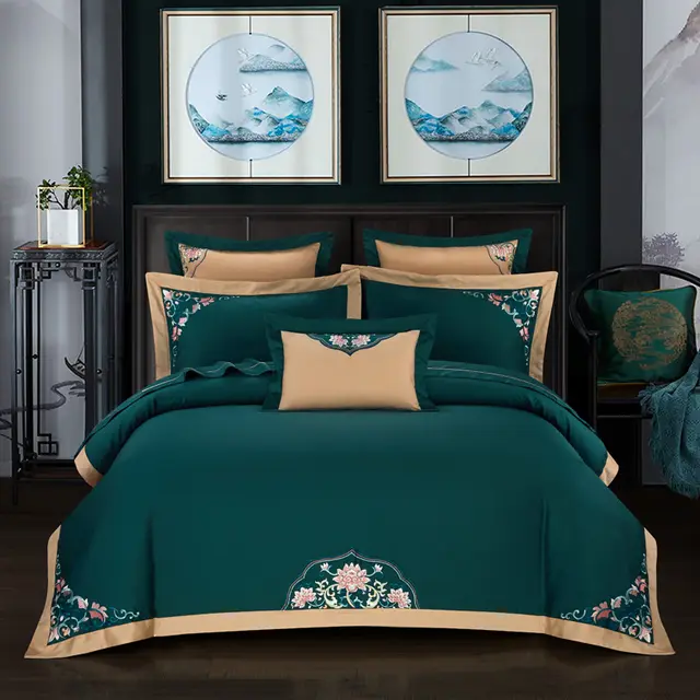 4 piece embroidered bedding set Dark Green - Shop at LoveMi