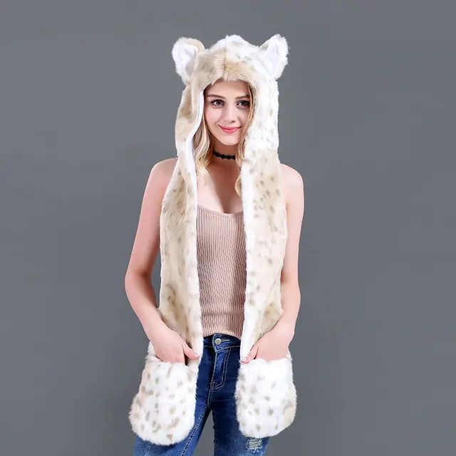 Stuffed animal hat cute cartoon hat scarf gloves Beige - Shop at LoveMi