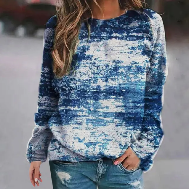 Printed Round Neckline Color Block Casual Loose Sweater Navy Blue - Shop at LoveMi