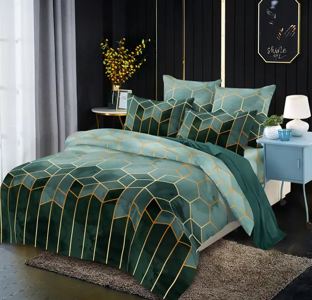 Gilt Line Geometric Elements Quilt Cover Set Bedding Green - Shop at LoveMi