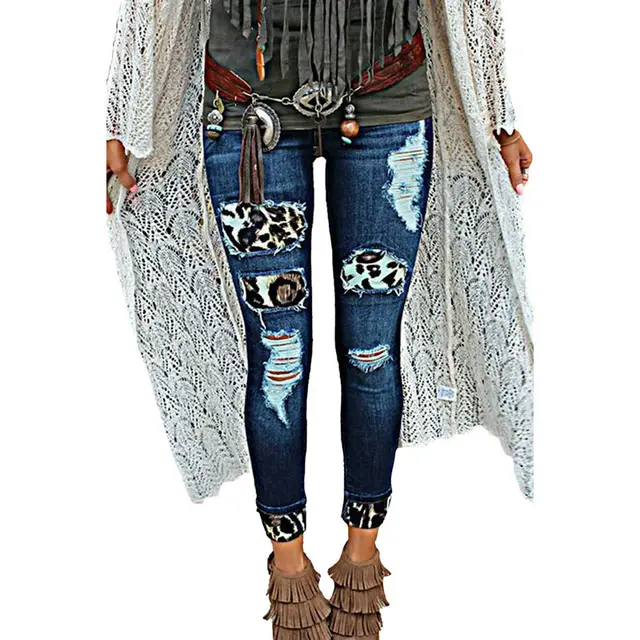 Ladies Cropped Jeans With Hand Worn Stickers Blue - Shop at LoveMi