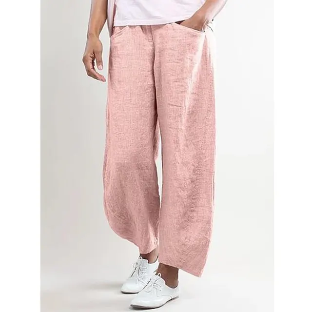 Cotton and linen solid straight pants Pink - Shop at LoveMi