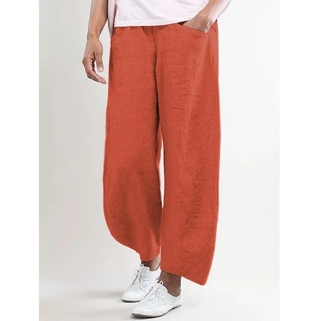 Cotton and linen solid straight pants Red - Shop at LoveMi