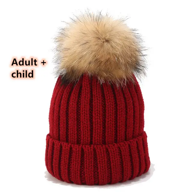 Wild Raccoon Real Hair Ball Knitted Hat Warm Parent Child Hat Dark Red - Shop at LoveMi