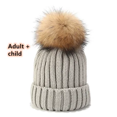 Wild Raccoon Real Hair Ball Knitted Hat Warm Parent Child Hat Light Grey - Shop at LoveMi
