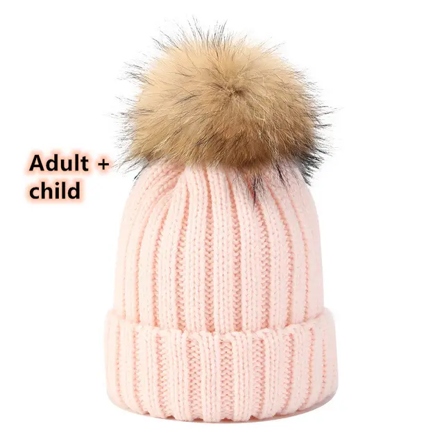 Wild Raccoon Real Hair Ball Knitted Hat Warm Parent Child Hat Light Pink - Shop at LoveMi