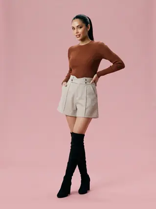 Wide Leg Loose Skinny High Waist Shorts - Apricot