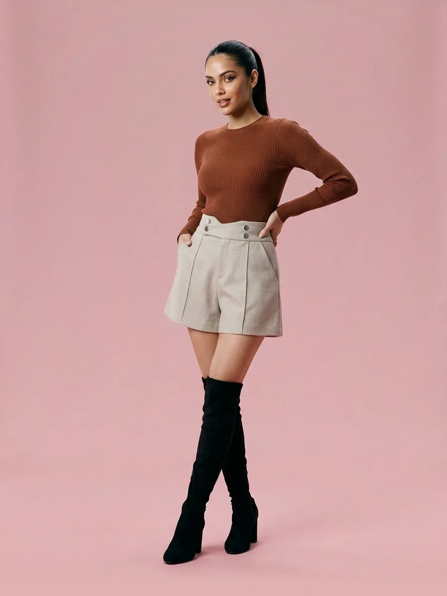 Wide Leg Loose Skinny High Waist Shorts - Apricot