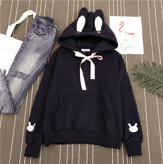 Women's rabbit ears hooded sweater Black - Shop at LoveMi