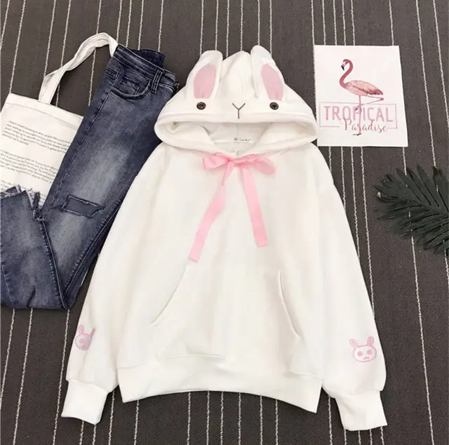 Women's rabbit ears hooded sweater White - Shop at LoveMi
