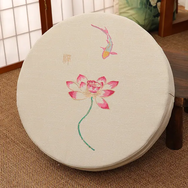 Embroidered linen futon round cushion White B - Shop at LoveMi