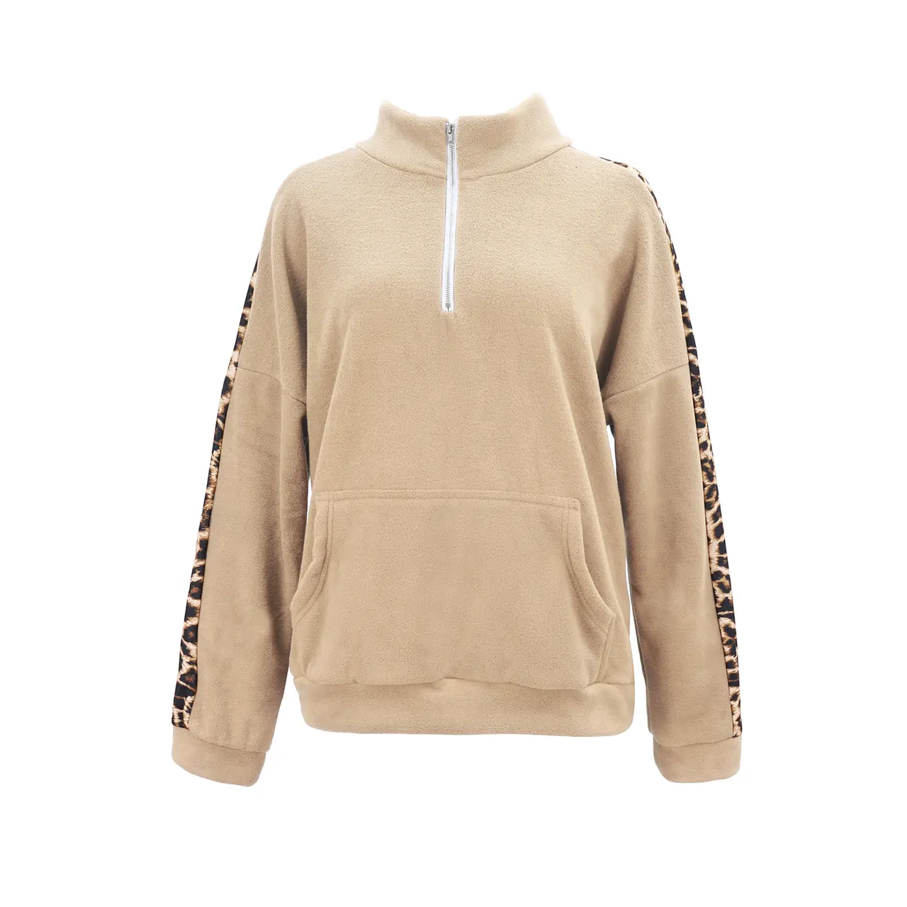 Hoodie leopard print patchwork top - Apricot