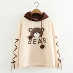 Cute Cartoon Bear Print Plus Velvet Loose Hooded Long Sleeved Sweater Women - Khaki