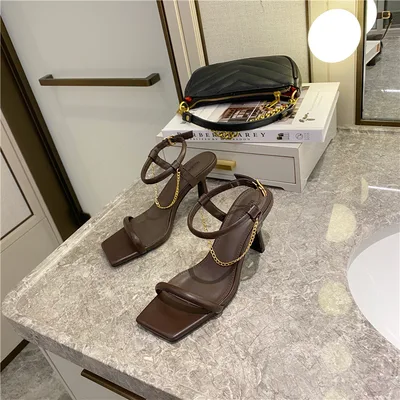 Korean style stiletto chain sandals Coffee - Shop at LoveMi