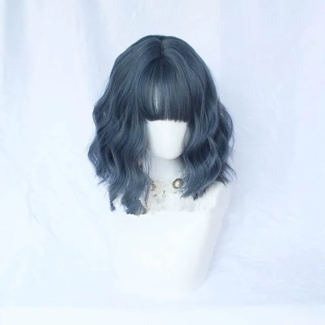 Chic Short Curly Wig With Air Bangs Blue - Shop at LoveMi