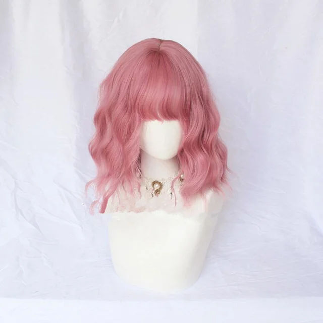 Chic Short Curly Wig With Air Bangs Pink - Shop at LoveMi