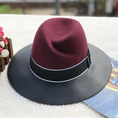 Wool Felt Hat And Leather Stitching Jazz Top Hat Red - Shop at LoveMi