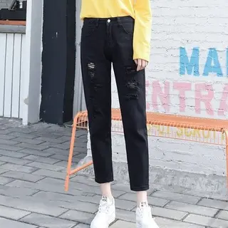 High waisted jeans with holes - Black