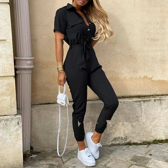 Short sleeve casual pocket lace solid jumpsuit Black - Shop at LoveMi