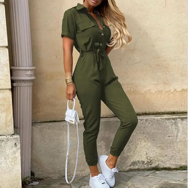 Printed Belt Work Overalls Short Sleeves Army Green - Shop at LoveMi