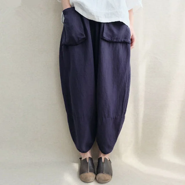 Women Autumn Elastic Waist Solid Pockets Harem Pants Cotton Linen Loose Long Capris Pantalon Trousers Plus Size Blue - Shop at LoveMi