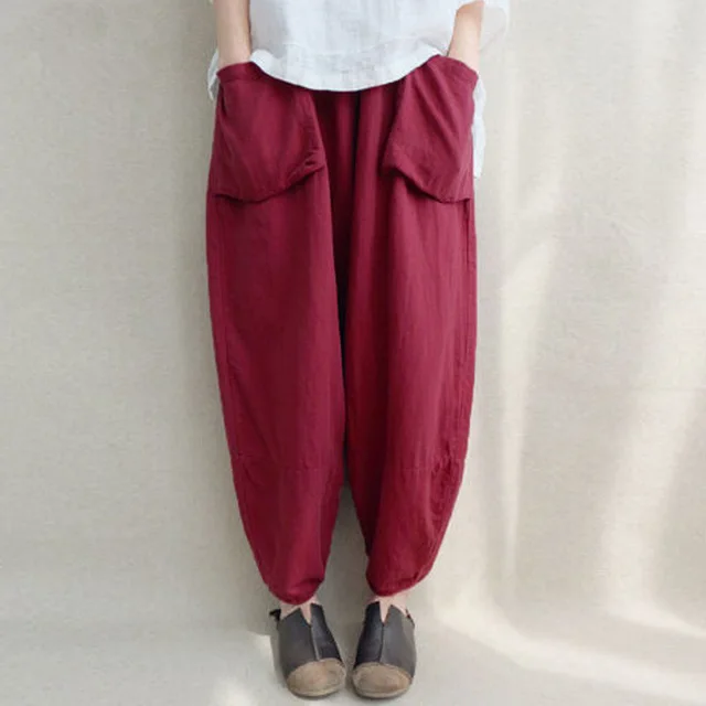 Women Autumn Elastic Waist Solid Pockets Harem Pants Cotton Linen Loose Long Capris Pantalon Trousers Plus Size Red - Shop at LoveMi
