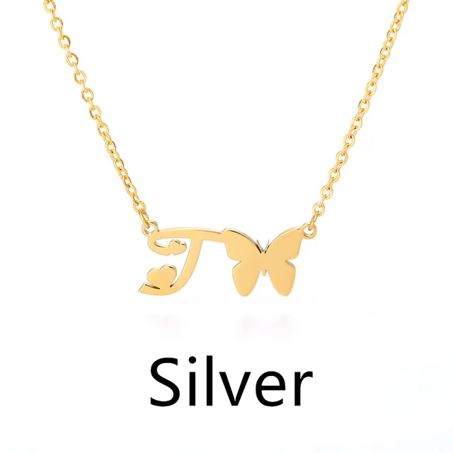 Butterfly pendant letter necklace Silver T - Shop at LoveMi