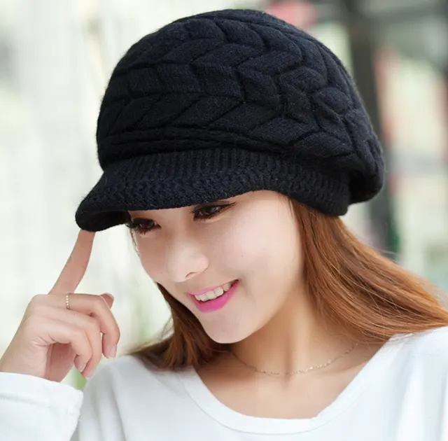Winter Korean version of the lady's pattern rabbit fur hat knit hat cute plus velvet line warm wool hat autumn and winter Black - Shop at LoveMi