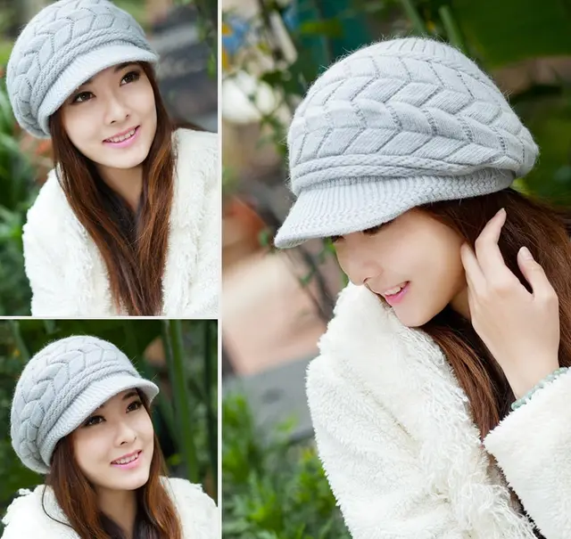 Winter Korean version of the lady's pattern rabbit fur hat knit hat cute plus velvet line warm wool hat autumn and winter Gray - Shop at LoveMi