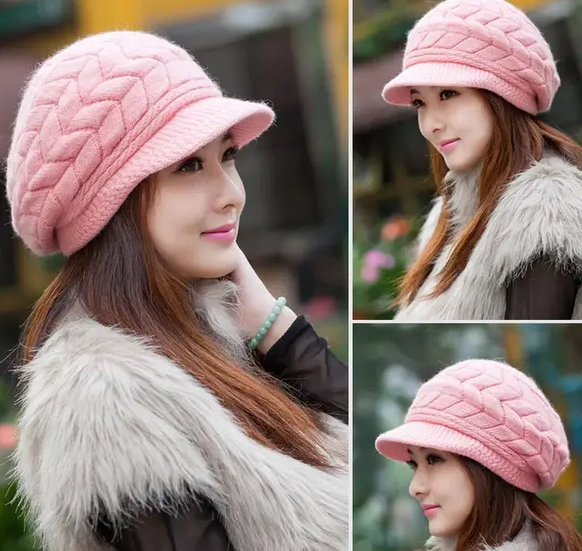 Winter Korean version of the lady's pattern rabbit fur hat knit hat cute plus velvet line warm wool hat autumn and winter Pink - Shop at LoveMi