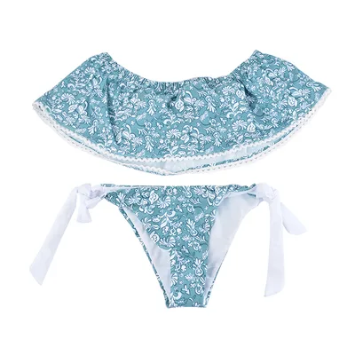 Light Blue Floral Pattern Strapless Off Shoulder Women Sexy Slit Bikini Set Swimwear Women Beach Bathing Swimsuit Floral Multi - Shop at LoveMi