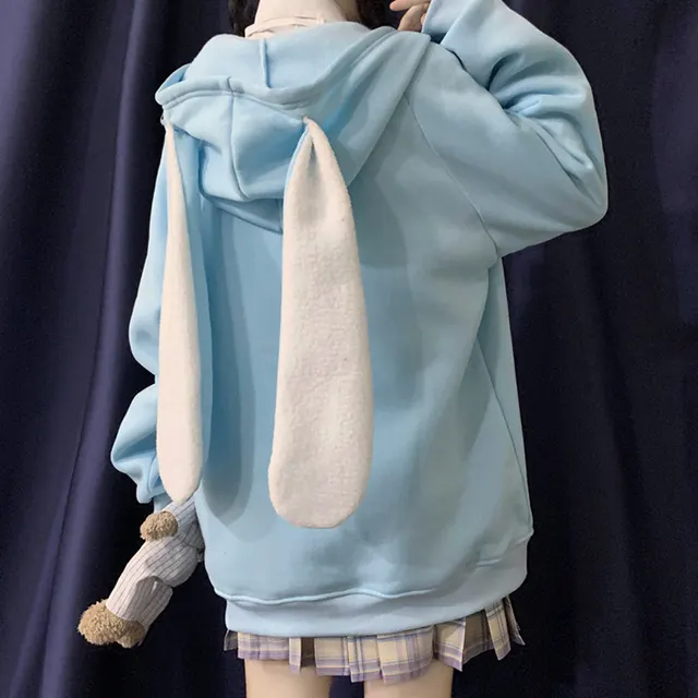 Cute Bunny Ears Hooded Loose Top Korean Style Blue - Shop at LoveMi