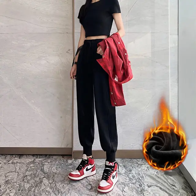 Gray Casual Pants Female Student Autumn And Winter Black A Plush - Shop at LoveMi