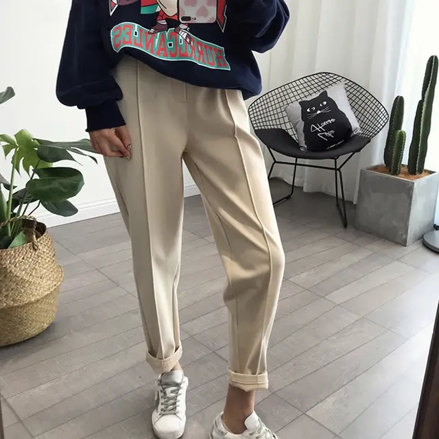 Women trousers casual loose streetwear Apricot Beige - Shop at LoveMi