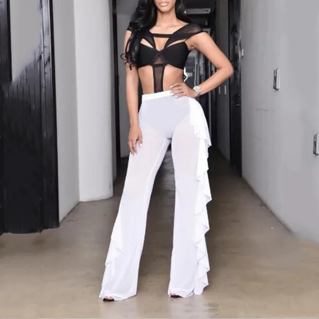 Mesh Ruffled Wide Leg Pants White - Shop at LoveMi