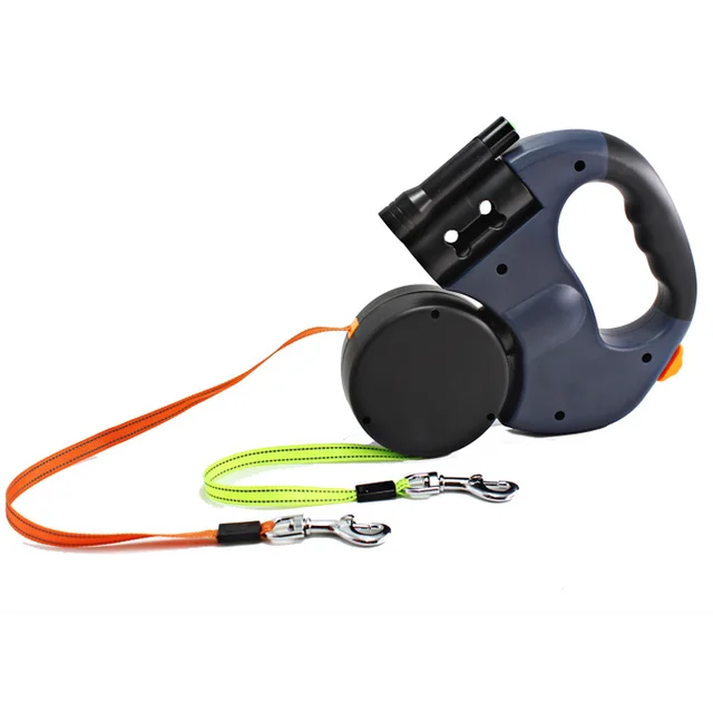 Dual Headed Pet Leashes with Flashlight Garbage Bag Box Automatic Retractable Dogs Traction Rope Grey - Shop at LoveMi