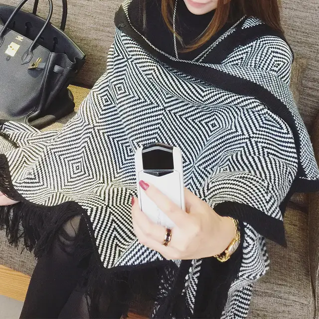 Double sided geometric imitation cashmere scarf Black And White - Shop at LoveMi