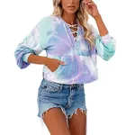 Tie-Dye Printed Long-Sleeved Hooded Lace-Up Sweatshirt - Blue