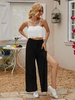 Solid color high waist casual wide leg split pants - Black