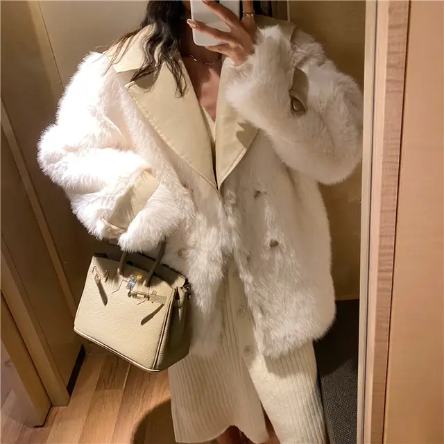 Gentle stitching leather for thin fur coat women White - Shop at LoveMi